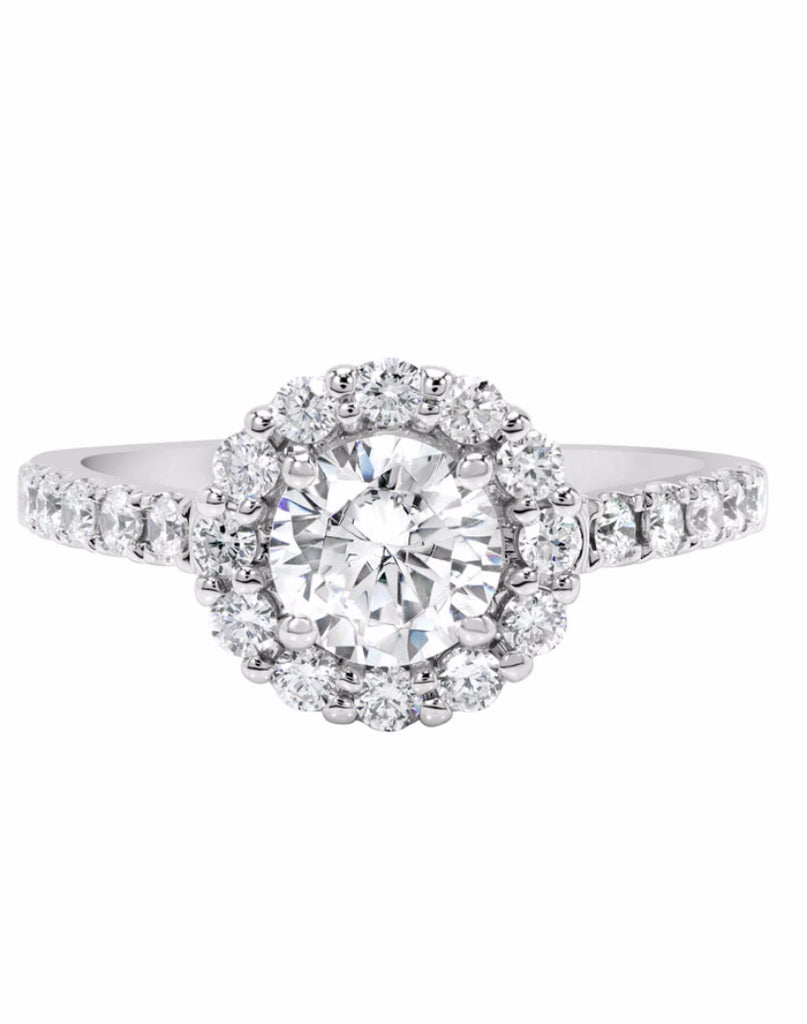 14K White Gold and Round Halo Diamond Engagement Ring