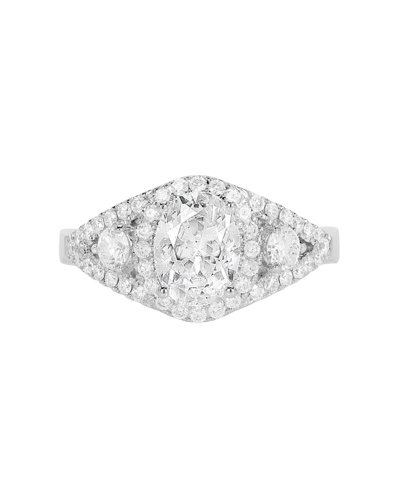 3 Stone 14K White Gold and Halo Diamond Split Shank Engagement Ring