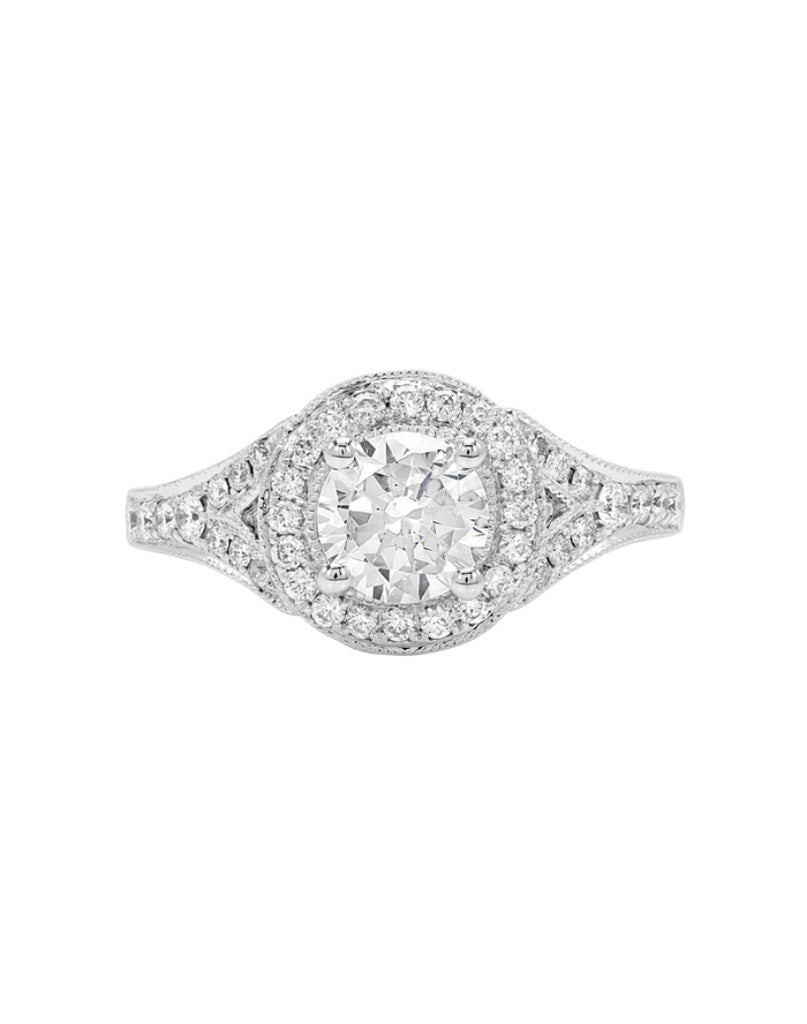 Vintage 14K White Gold and Round Halo Diamond Split Shank Engagement Ring