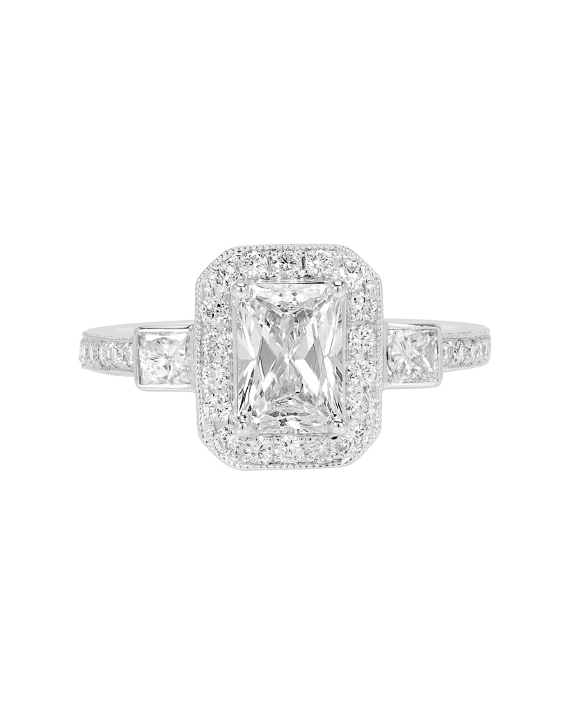 Vintage 3 Stone 14K White Gold and Halo Diamond Engagement Ring