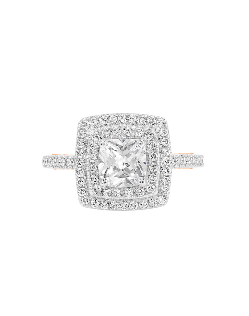 14K White with Rose Gold and Double Halo Diamond Engagement Ring