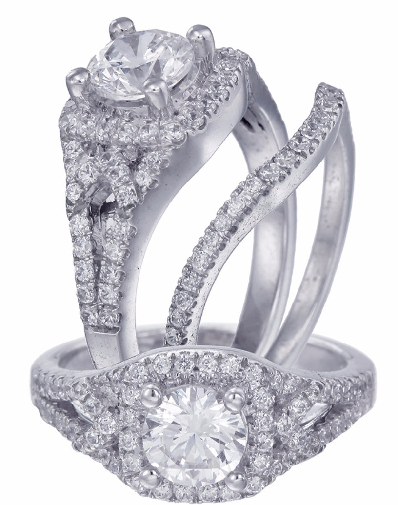 14K White Gold and Cushion Halo Diamond Split Shank Engagement Ring
