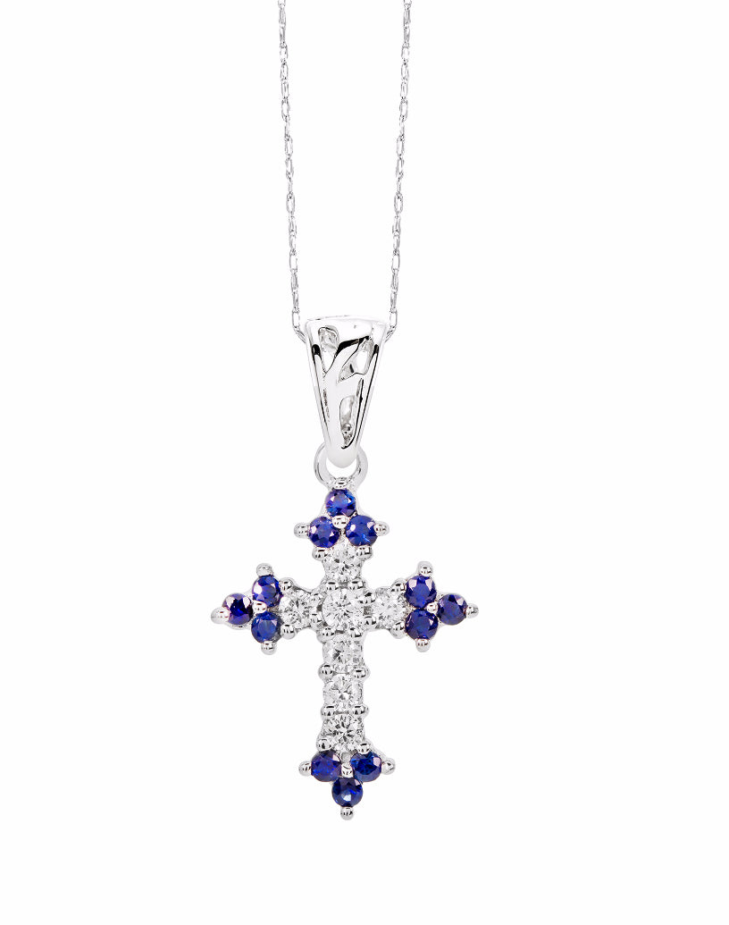 14K White Gold and Diamond with Blue Sapphire Cross Pendant