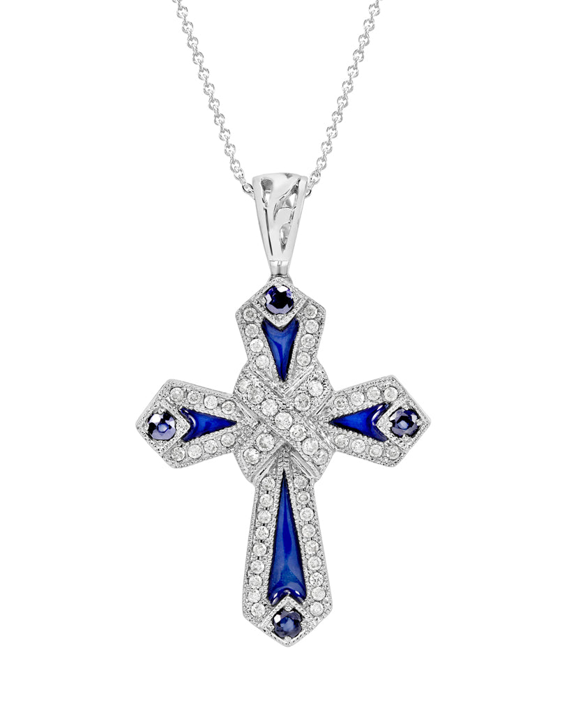 14K White Gold and Diamond with Blue Sapphire Cross Pendant