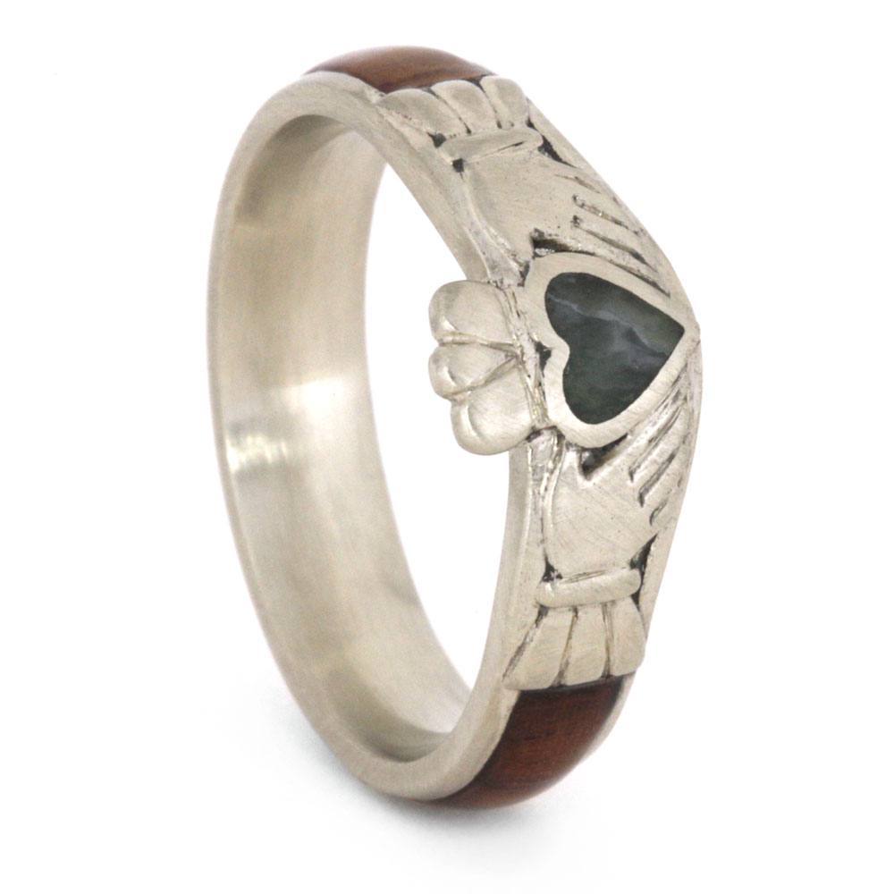 14K White Gold Jade Claddagh and Hardwood Engagement Ring